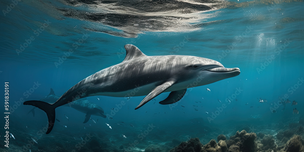 Fototapeta premium Dolphins underwater. Ai generated