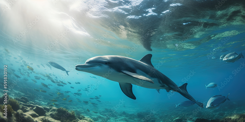 Fototapeta premium Dolphins underwater. Ai generated
