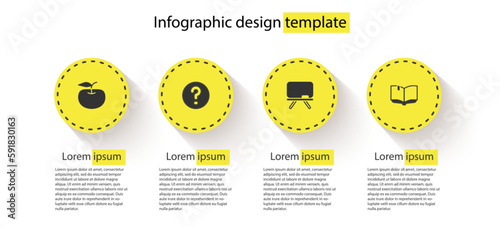 Set Apple, Speech bubbles with Question, Chalkboard and Open book. Business infographic template. Vector