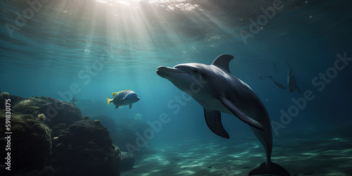 Dolphins underwater. Ai generated © Ярослав Антонюк