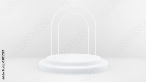Abstract vector rendering of 3d shape for product placement with copy space. Modern white round podium with empty room. geometric pedestal podium with glowing semi circle backdrop.