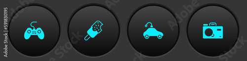 Set Gamepad, Ice cream, Radio controlled car toy and Photo camera icon. Vector