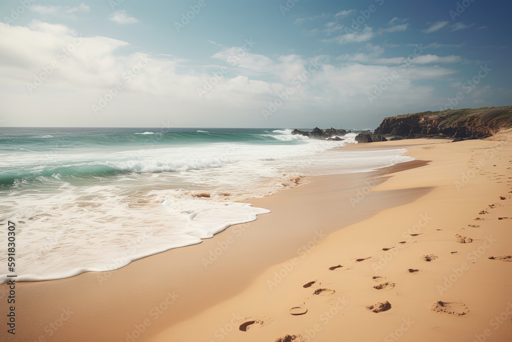 Beach by the Sea. The waves hit the sand. AI generated