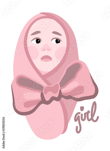 Newborn babygirl in pink blanket with ribbon. Vector isolated illustration with lettering. It's a girl. Birthday concept.