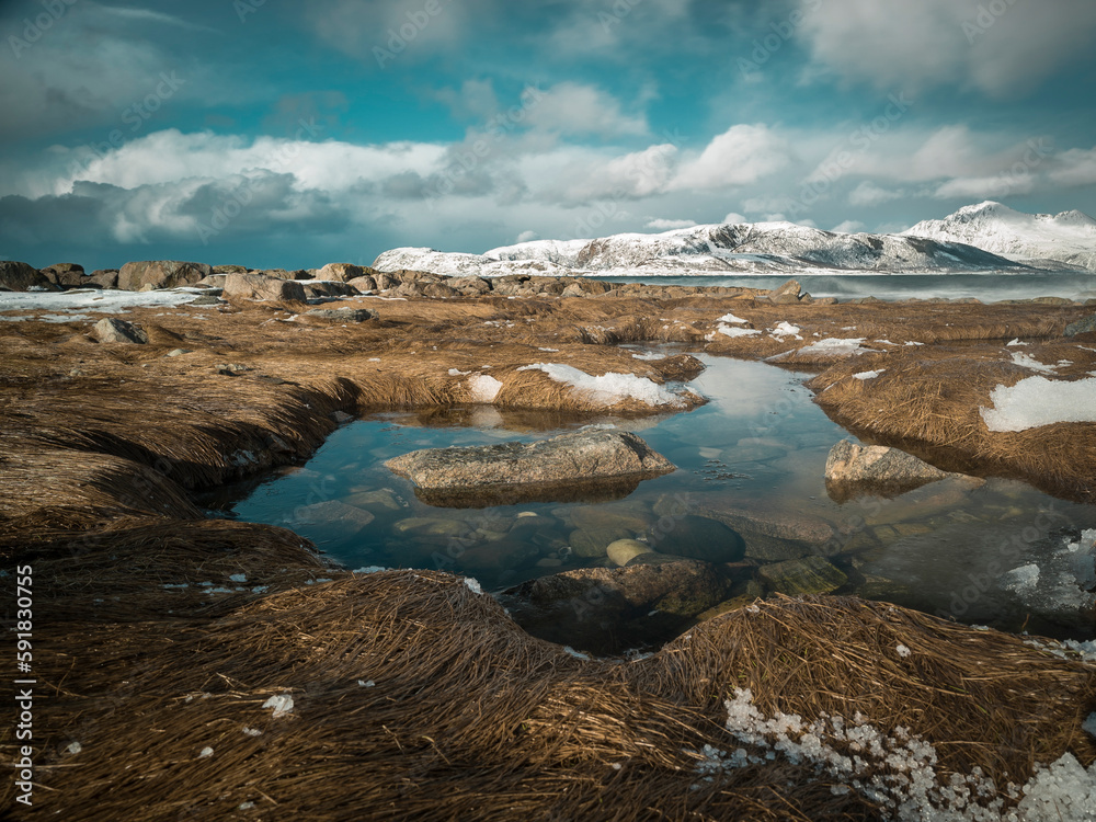 Shot of a beautiful stream surrounded by snowy mountains in Norway