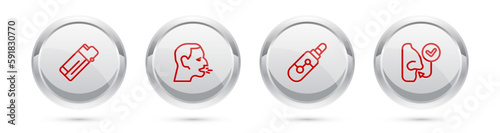 Set line Lighter, Man coughing, Electronic cigarette and Healthy breathing. Silver circle button. Vector