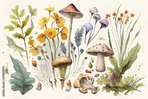 mushrooms and plants in a natural setting. Generative AI