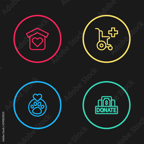 Set line Heart with animals footprint, Donation and charity, Wheelchair for disabled person and Shelter homeless icon. Vector