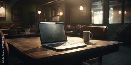 Laptop almost closed in a coffee shop in a mysterious cinematic atmosphere. Ai generated