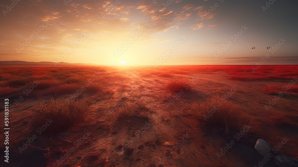 Obraz premium Sunset in the desert plain. Ai generated.
