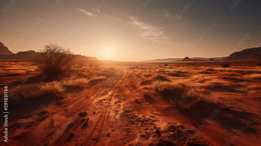 Sunset in the desert plain. Ai generated.