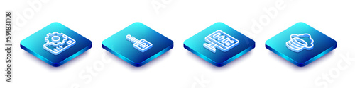 Set Isometric line Neural network, Binary code, Algorithm and Cloud database icon. Vector