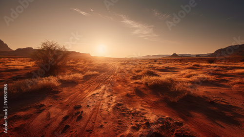 Sunset in the desert plain. Ai generated.