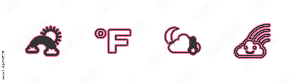Set line Rainbow with clouds and sun, Thermometer cloud, moon, Fahrenheit and icon. Vector Set line Rainbow with clouds and sun, Thermometer cloud, moon, Fahrenheit and icon. Vector