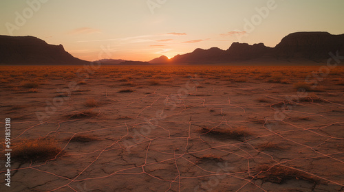 Sunset in the desert plain. Ai generated.