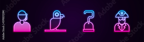 Set line Sailor captain, Pirate parrot, hook and . Glowing neon icon. Vector