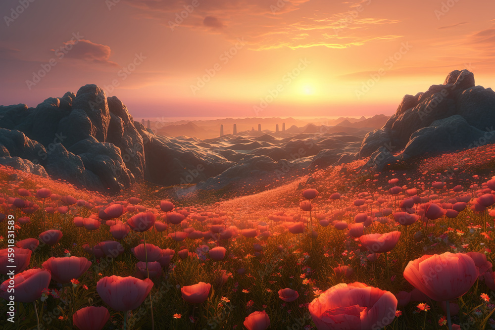 Flower field on another planet. Ai generated