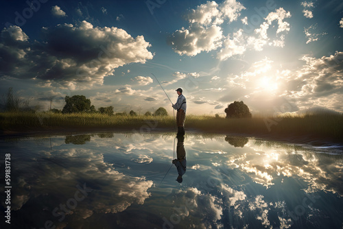 Experience the ethereal beauty of a sky mirror as a handsome young man. Fishing. Ai generated. 