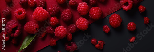 Top view of sweet raspberries on table and soft lighting