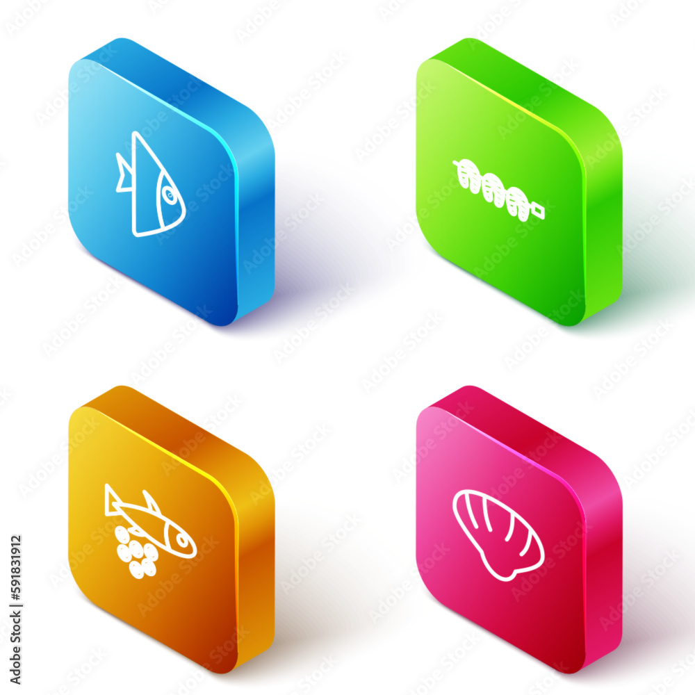 Set Isometric line Fish, Grilled fish steak, with caviar and Scallop sea shell icon. Vector Set Isometric line Fish, Grilled fish steak, with caviar and Scallop sea shell icon. Vector