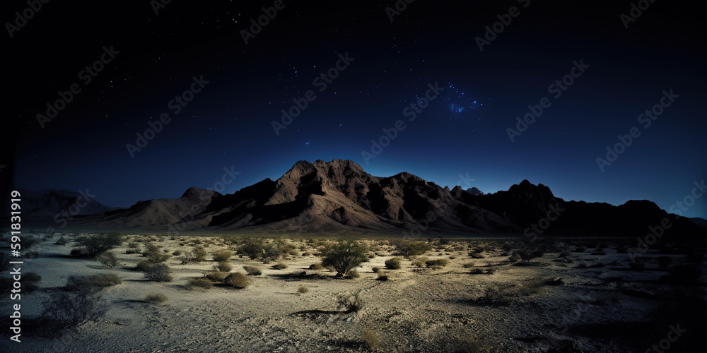Desert at night, an immense plain at night, a small mountain in the middle. Ai generated. 