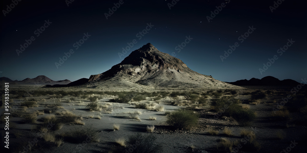 Desert at night, an immense plain at night, a small mountain in the middle. Ai generated. Desert at night, an immense plain at night, a small mountain in the middle. Ai generated.