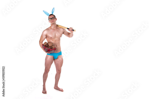 Young attractive man on Easter holiday. Bunny suit. Happy man. 