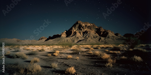 Desert at night, an immense plain at night, a small mountain in the middle. Ai generated. 