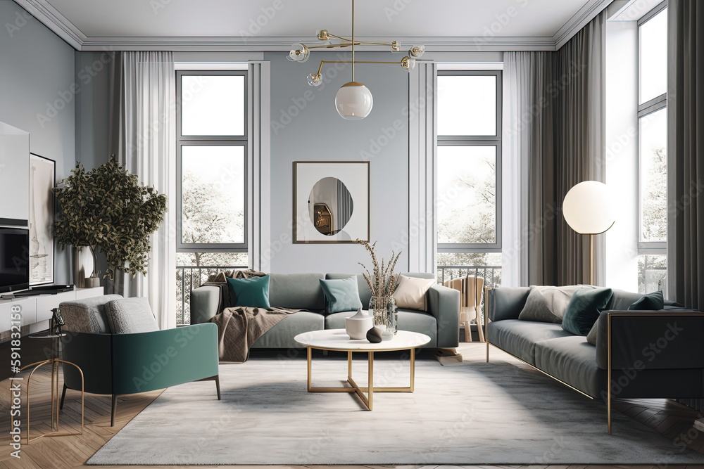 Fototapeta premium Living room in modern style with light and sunshine. Ai generated. 