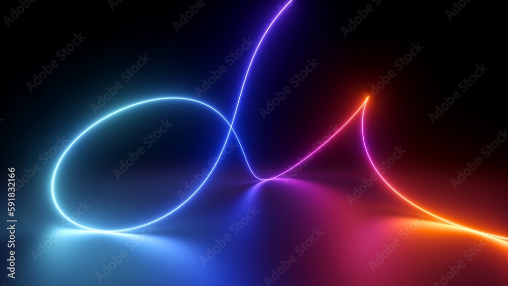 3d rendering, colorful neon curvy line with loops glowing in the dark. Minimalist wallpaper with linear light stroke 3d rendering, colorful neon curvy line with loops glowing in the dark. Minimalist wallpaper with linear light stroke