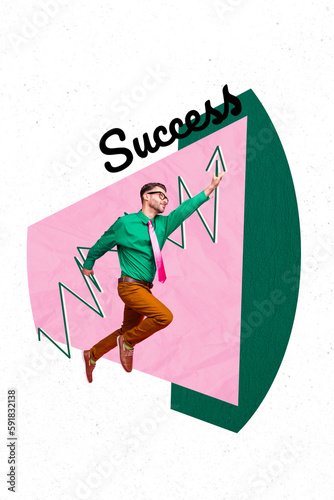 Vertical collage picture of elegant business man jump hand hold growing upwards success arrow isolated on white background