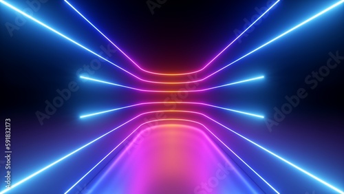 3d render. Abstract futuristic neon background. Red pink blue rounded lines, glowing in the dark. Ultraviolet spectrum. Cyber space. Minimalist wallpaper
