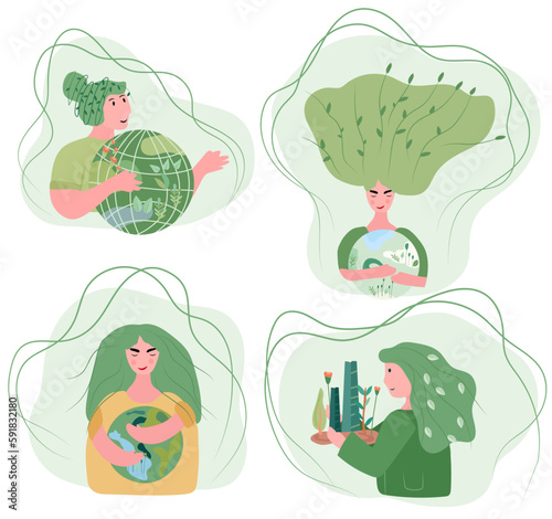 Lady cherishes verdant globe with affection. Vector art for Earth Day and planet preservation.Global Warming and environmental safeguard power efficiency idea. Vector illustration.