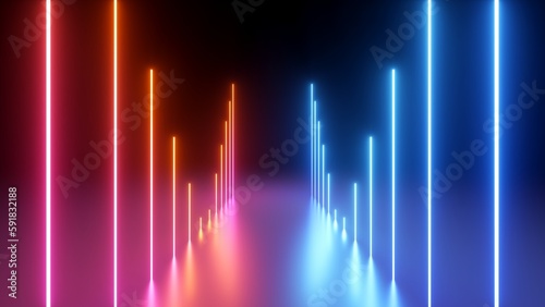 3d render, abstract background with red blue vertical glowing lines. Modern wallpaper