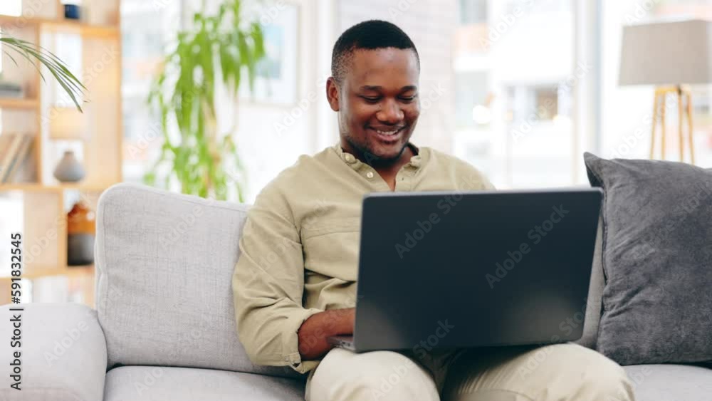 Laptop, sofa and happy black man typing in living room, working or social media in house. Freelancer, remote worker and person with computer on couch writing email, web research or browsing online. Laptop, sofa and happy black man typing in living room, working or social media in house. Freelancer, remote worker and person with computer on couch writing email, web research or browsing online.