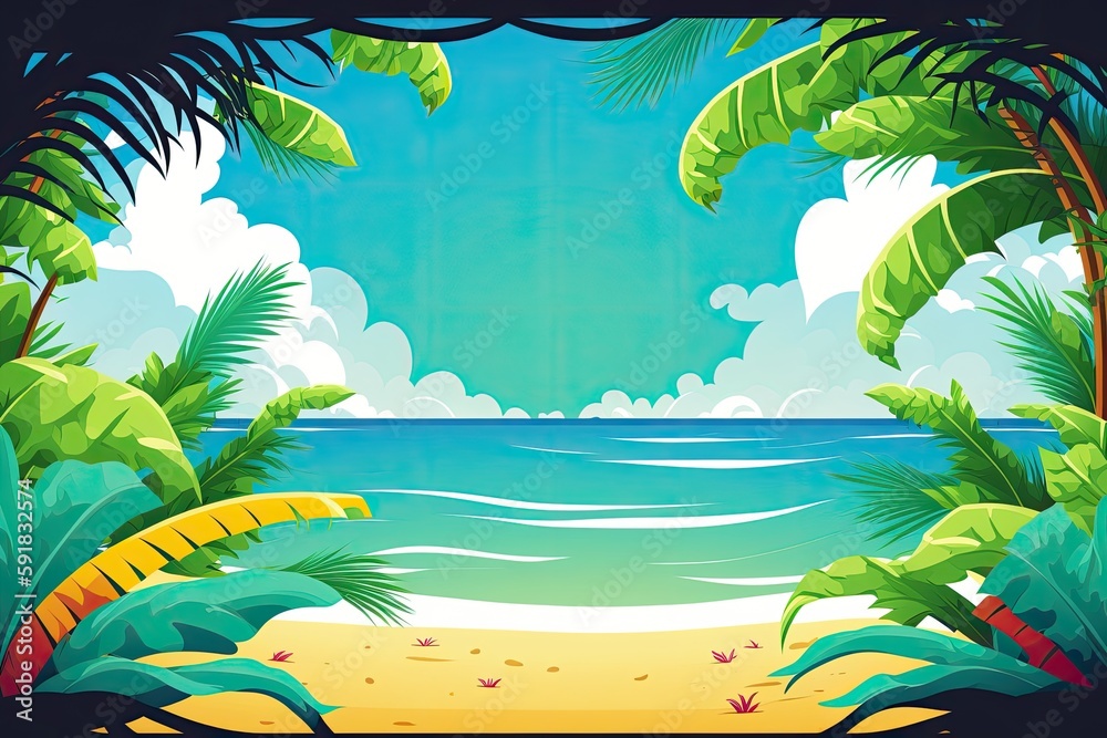 serene tropical beach with tall palm trees swaying in the breeze. Generative AI