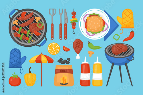 BBQ grill, barbecue meat and elements set for summer picnic party design. Vector illustration