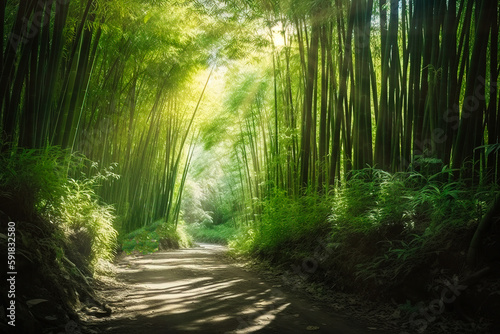 A winding road through a bamboo forest. Dense forest road, silence and harmony amid the bamboo. Generative AI. © bluebeat76