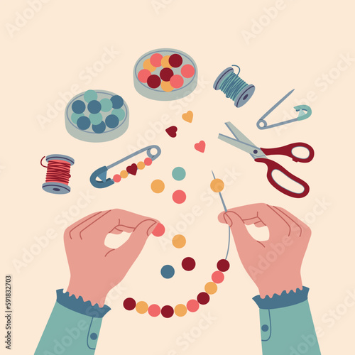 Hand doing beading process. Creative workshop for kids. Handmade classes. Hand drawn vector illustration isolated on light background. Flat cartoon style.