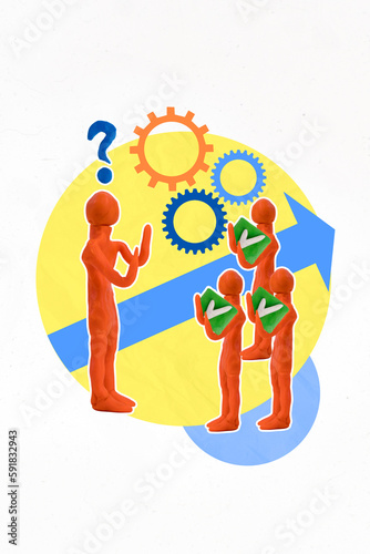 Vertical collage image of plasticine people question mark check mark completion icon cog wheel gear growing arrow upwards photo