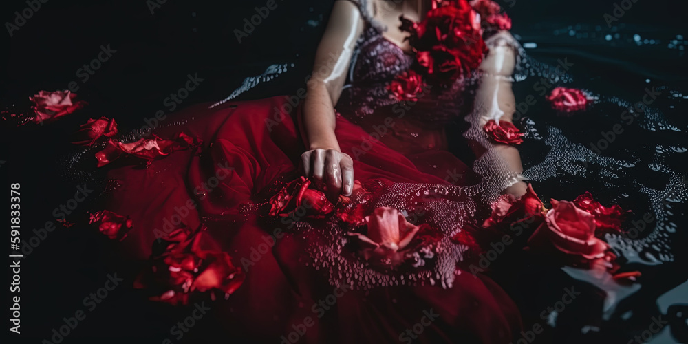 bride drowning underwater in dark theme. Ai generated, Stock Illustration