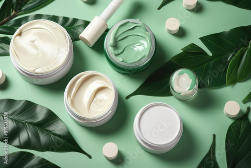 Set of jars of bio cosmetic cream and green leaves, eco natural cosmetics, cosmetology. Generative AI