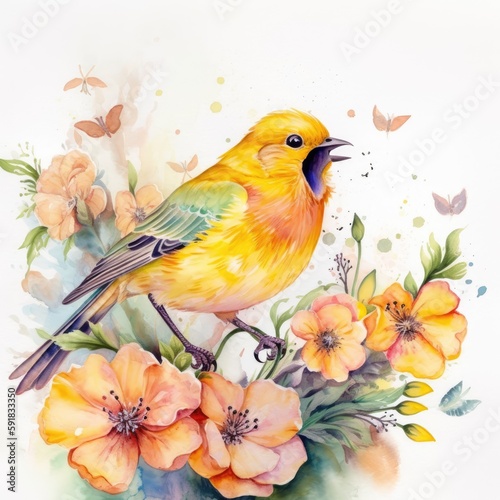 A Beautiful Watercolor Cheerful Canary Generative Ai © BridalBling
