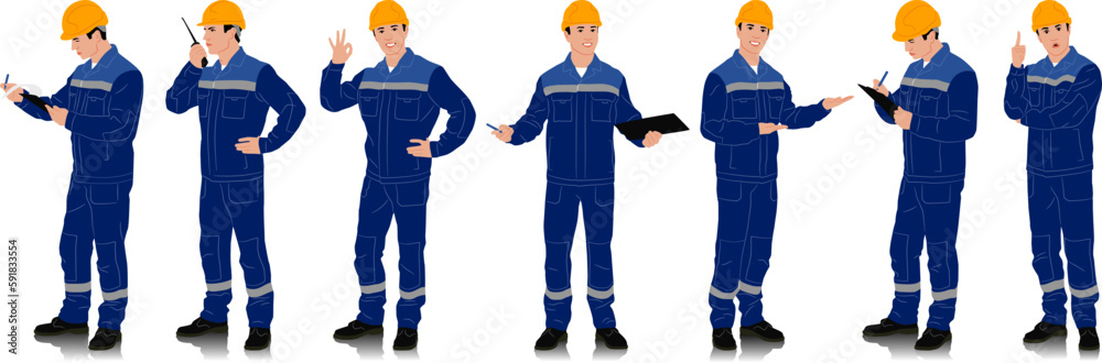 Hand drawn worker with a helmet. Worker wearing blue work overalls with safety band. Different poses. Vector illustration set isolated on white. Full length view Hand drawn worker with a helmet. Worker wearing blue work overalls with safety band. Different poses. Vector illustration set isolated on white. Full length view