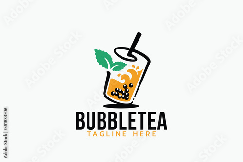 fresh bubble tea logo with a combination of a glass of bubble tea and tea leaves.