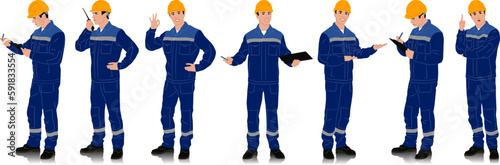Hand drawn worker with a helmet. Worker wearing blue work overalls with safety band. Different poses. Vector illustration set isolated on white. Full length view	