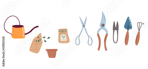 Set of gardening tools and elements. Home gardening and plants care clipart. Hand drawn flat style vector illustrations.
