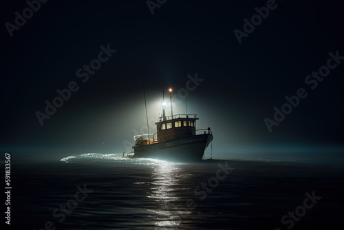 Boat at night on the sea with fog. AI generated.