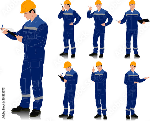 Hand drawn worker with a helmet. Worker wearing blue work overalls with safety band. Different poses. Vector illustration set isolated on white. Full length view	