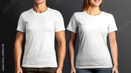 Mockup t-shirt. Female and male in empty white t-shirt. Front view. Blank design clothes for prints. Generative Ai. High quality illustration